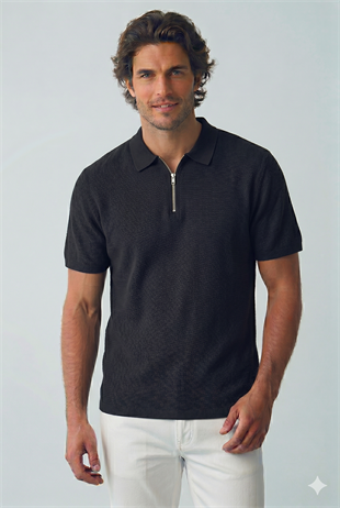Jack & Jones JJMAX KNIT ZIP POLO SS Logolu Erkek Siyah Tişört 12288544