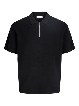 Jack & Jones JJMAX KNIT ZIP POLO SS Logolu Erkek Siyah Tişört 12288544