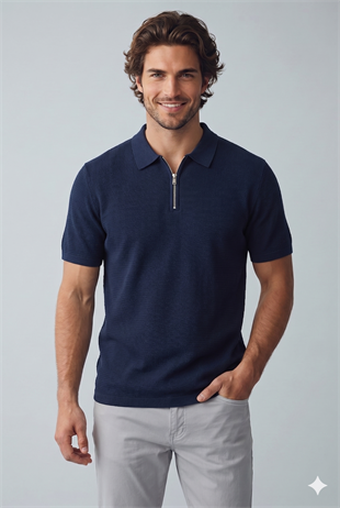 Jack & Jones JJMAX KNIT ZIP POLO SS Logolu Erkek Navy Blazer Tişört 12288544