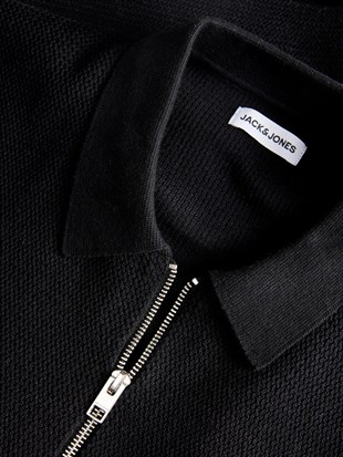 Jack & Jones JJMAX KNIT ZIP POLO SS Logolu Erkek Siyah Tişört 12288544
