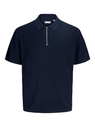 Jack & Jones JJMAX KNIT ZIP POLO SS Logolu Erkek Navy Blazer Tişört 12288544