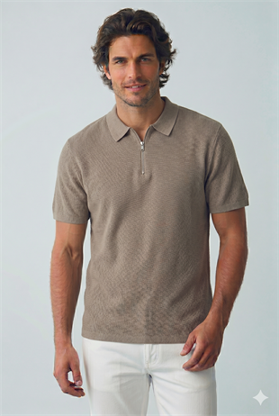 Jack & Jones JJMAX KNIT ZIP POLO SS Logolu Erkek String/Bej-Krem Tişört 12288544