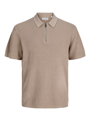 Jack & Jones JJMAX KNIT ZIP POLO SS Logolu Erkek String/Bej-Krem Tişört 12288544