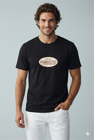Jack & Jones JORCATSKILLS FRONT TEE SS CN FST Logolu Erkek Siyah Tişört 12297891