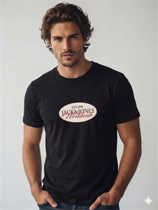 Jack & Jones JORCATSKILLS FRONT TEE SS CN FST Logolu Erkek Siyah Tişört 12297891