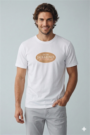 Jack & Jones JORCATSKILLS FRONT TEE SS CN FST Logolu Erkek Beyaz Tişört 12297891