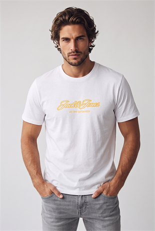 Jack & Jones Jorcatskills Logo Baskılı Erkek Beyaz Tişört 12297893-Bright White