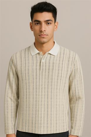 Jack & Jones JORWINTER STRIPE Polo Yaka Antique White Erkek Sweat 12278032