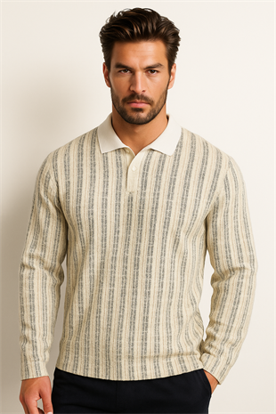 Jack & Jones JORWINTER STRIPE Polo Yaka Antique White Erkek Sweat 12278032