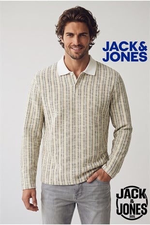 Jack & Jones JORWINTER STRIPE Polo Yaka Antique White Erkek Sweat 12278032