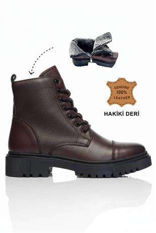 MAKRAS EXCLUSIVE Kadın Maskaratlı Kahve Fermuarlı Hakiki Deri İçi Kürklü Bot