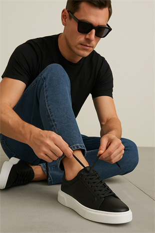 MAKRAS EXCLUSIVE Tommy 777 Siyah Beyaz Hakiki Deri Erkek Sneaker Ayakkabı