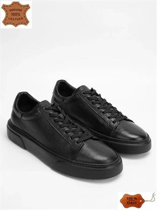 MAKRAS EXCLUSIVE Tommy 777 Siyah Siyah Hakiki Deri Erkek Sneaker Ayakkabı