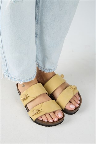 Manijero Gabi MNR.018.06 Kadın Sarı Günlük Hakiki Deri Terlik