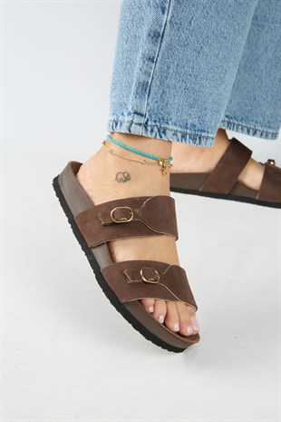 Manijero Gabi MNR.018.01 Kadın Kahverengi Günlük Hakiki Deri Terlik