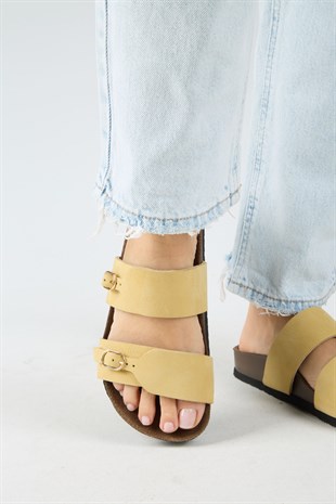 Manijero Gabi MNR.018.06 Kadın Sarı Günlük Hakiki Deri Terlik