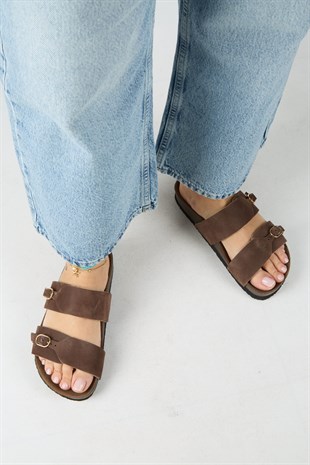 Manijero Gabi MNR.018.01 Kadın Kahverengi Günlük Hakiki Deri Terlik