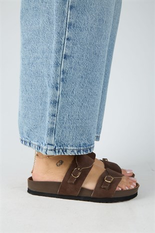 Manijero Gabi MNR.018.01 Kadın Kahverengi Günlük Hakiki Deri Terlik