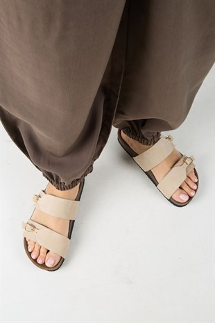 Manijero Gabi MNR.018.03 Kadın Bej Günlük Hakiki Deri Terlik