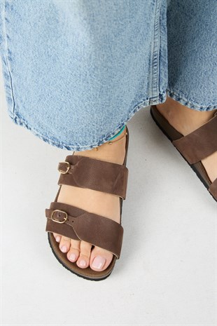 Manijero Gabi MNR.018.01 Kadın Kahverengi Günlük Hakiki Deri Terlik