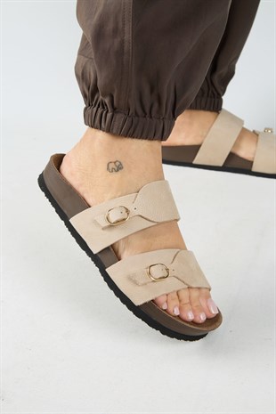 Manijero Gabi MNR.018.03 Kadın Bej Günlük Hakiki Deri Terlik