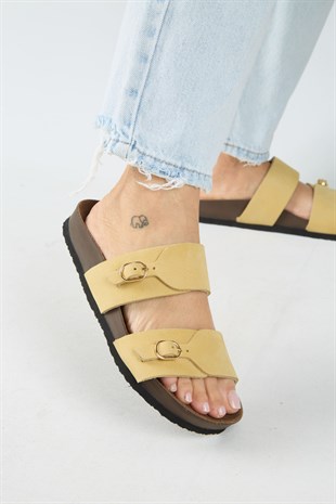 Manijero Gabi MNR.018.06 Kadın Sarı Günlük Hakiki Deri Terlik