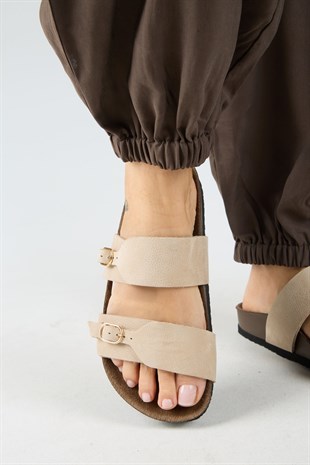 Manijero Gabi MNR.018.03 Kadın Bej Günlük Hakiki Deri Terlik