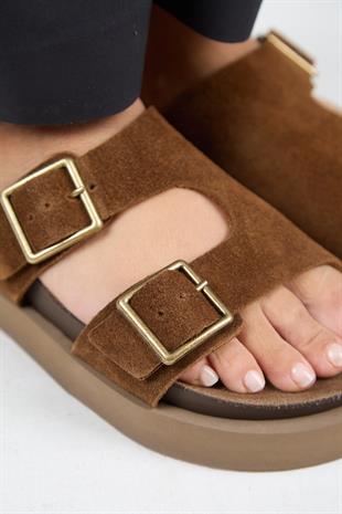 Manijero Jimena MNR.012.02 Kadın Taba Kalın Taban Günlük Hakiki Deri Terlik