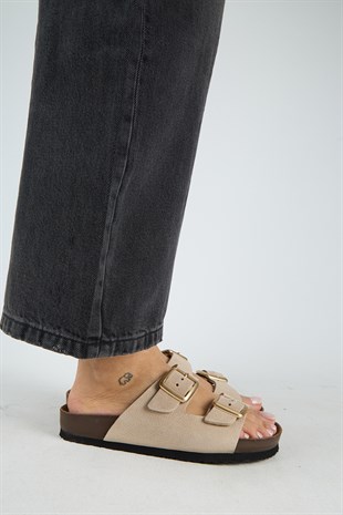 Manijero Mira MNR.021.03 Kadın Bej Günlük Hakiki Deri Terlik