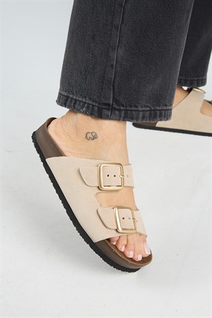 Manijero Mira MNR.021.03 Kadın Bej Günlük Hakiki Deri Terlik