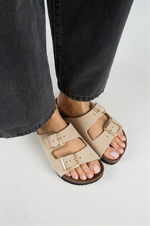 Manijero Mira MNR.021.03 Kadın Bej Günlük Hakiki Deri Terlik