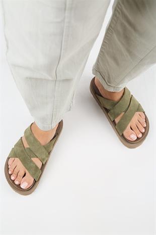 Manijero Paula MNR.011.03 Kadın Haki Kalın Taban Günlük Hakiki Deri Terlik