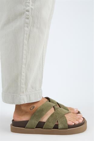 Manijero Paula MNR.011.03 Kadın Haki Kalın Taban Günlük Hakiki Deri Terlik