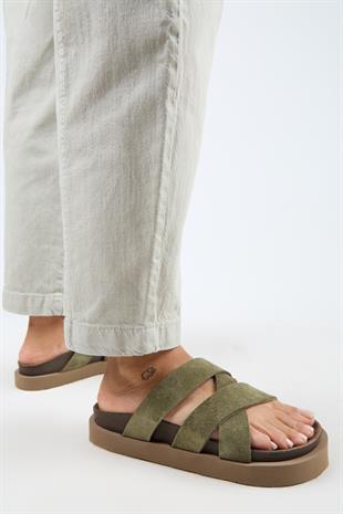 Manijero Paula MNR.011.03 Kadın Haki Kalın Taban Günlük Hakiki Deri Terlik