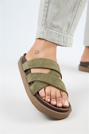 Manijero Paula MNR.011.03 Kadın Haki Kalın Taban Günlük Hakiki Deri Terlik