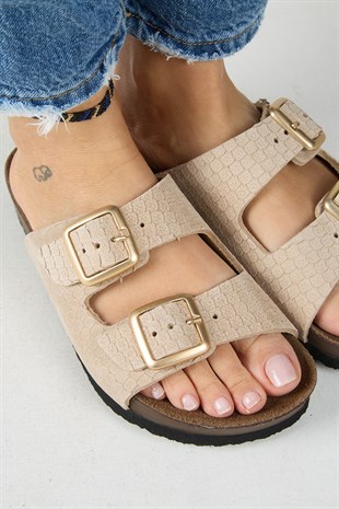 Manijero Petra MNR.020.03 Kadın Bej Günlük Hakiki Deri Terlik