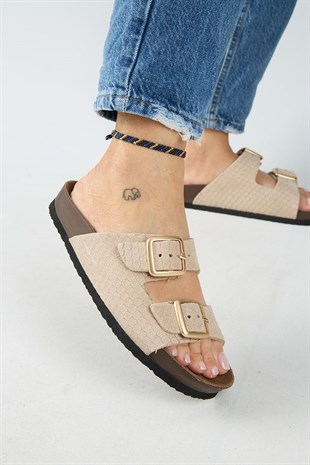 Manijero Petra MNR.020.03 Kadın Bej Günlük Hakiki Deri Terlik