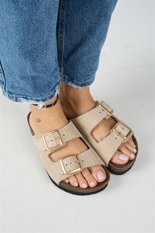 Manijero Petra MNR.020.03 Kadın Bej Günlük Hakiki Deri Terlik