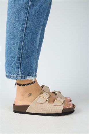 Manijero Petra MNR.020.03 Kadın Bej Günlük Hakiki Deri Terlik