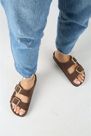 Manijero Petra MNR.020.01 Kadın Kahverengi Günlük Hakiki Deri Terlik