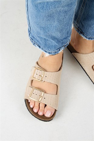 Manijero Petra MNR.020.03 Kadın Bej Günlük Hakiki Deri Terlik