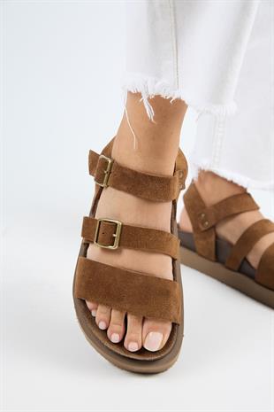 Manijero Sara MNR.013.02 Kadın Taba Günlük Hakiki Deri Sandalet Terlik