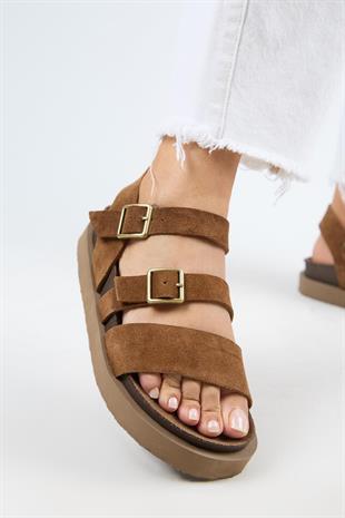 Manijero Sara MNR.013.02 Kadın Taba Günlük Hakiki Deri Sandalet Terlik