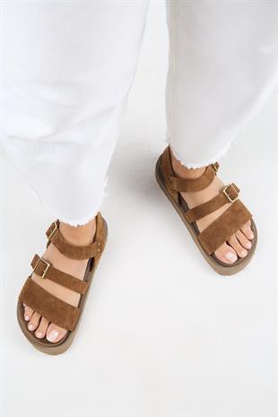 Manijero Sara MNR.013.02 Kadın Taba Günlük Hakiki Deri Sandalet Terlik