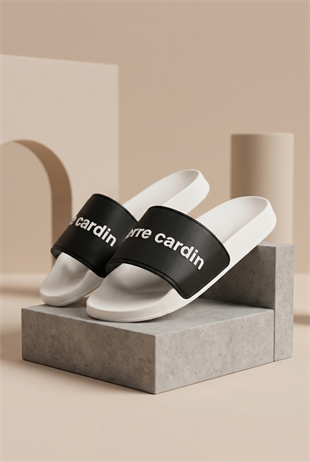 Pierre Cardin Erkek Tek Bant Terlik Beyaz Siyah PC-7435