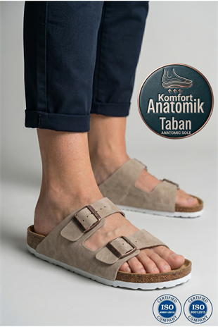 Roy Jones 7001 Unisex Bej Çift Toka Günlük Terlik