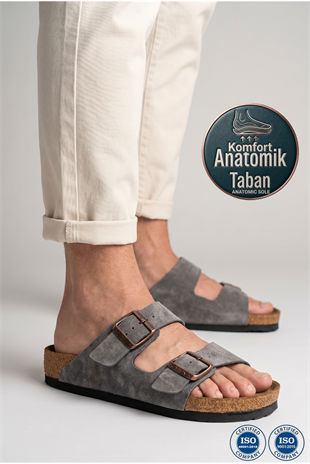 Roy Jones 7001 Unisex Gri Çift Toka Günlük Terlik