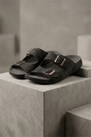 Roy Jones Delhi Erkek Siyah Çift Tokalı Günlük Terlik 5002