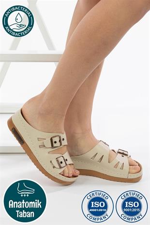 Roy Jones Kadın Bej Çift Bant Tokalı Günlük Terlik 3001