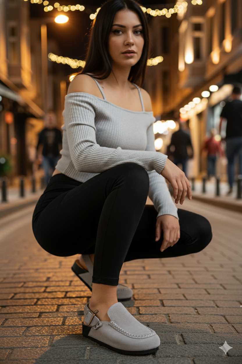 Manijero Alba Premium MNR.010.06 Kadın Açık Gri Günlük Hakiki Deri Önü Kapalı Terlik